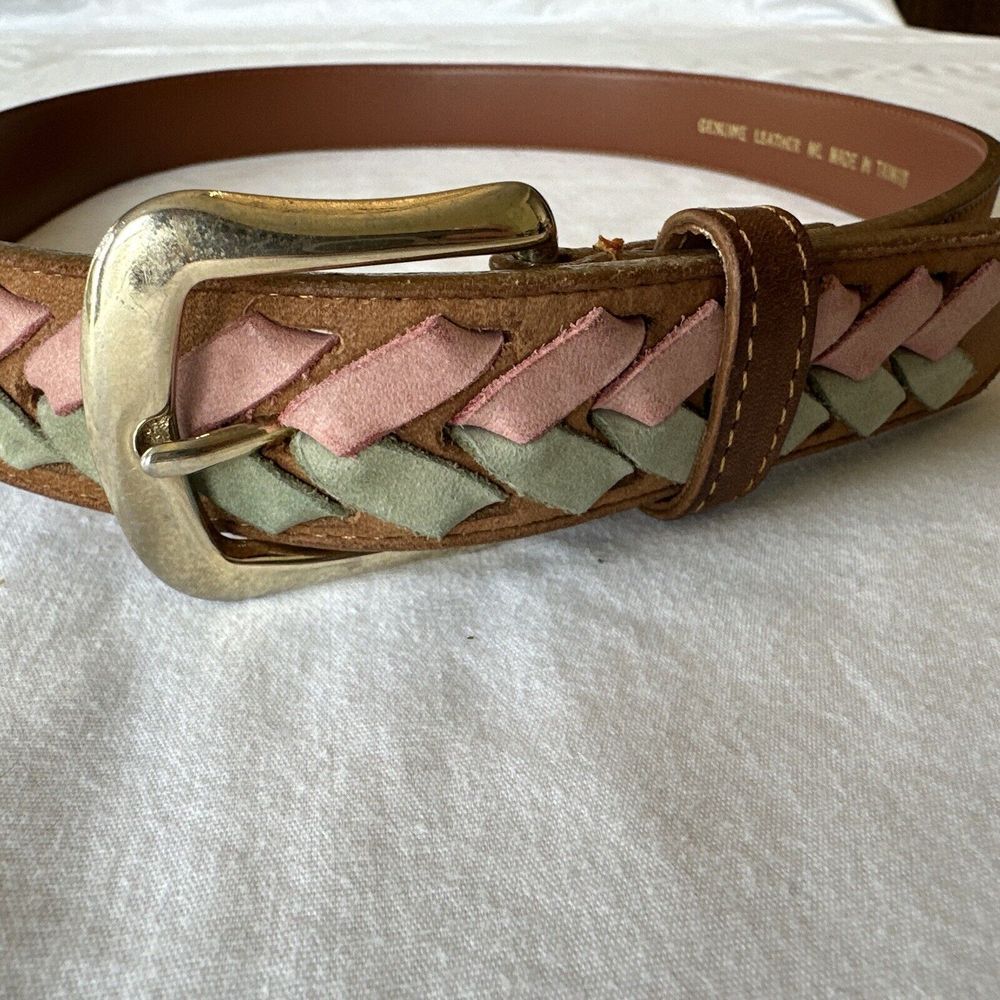 Leather Womens‎ Belt Brown 35" long Braided Pink/Green End Brass Buckle
